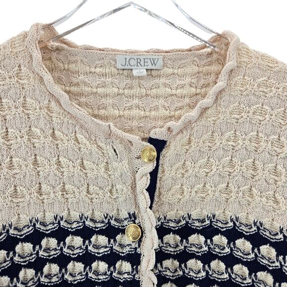 J Crew Cardigan Sweater Women Small Textured Crochet Lady Jacket Navy Blue Beige - Picture 2 of 9